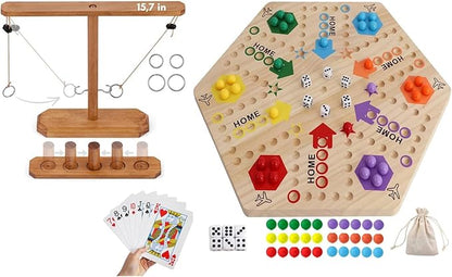 Wooden Wahoo Marble Board Game (20 INCH) Double-Sided for 2-6 Players with 24 Marbles and 6 dice. Also Includes Ring Toss Wooden Hook and Ring Gameand Premium Playing Cards.