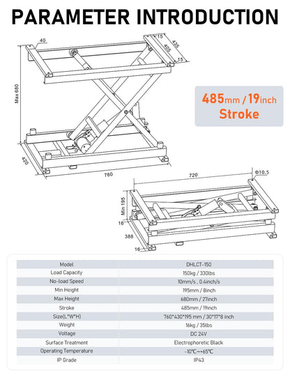 DIHOOL Electric Scissor Lift Table, 350Lbs Capacity, 7.68"-26.77" Height Adjustable Lifting Platform, Super Quiet with Remote & WiFi Control, Obstruction Detection, AC/DC Power for Home/Industrial Use