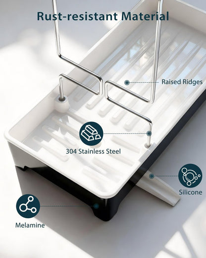 Caumic Minimalist Sink Caddy, Rustproof Sponge Holder for Kitchen Sink with 304 Stainless-Steel Brush Holder, Countertop Rack Organizer with Raised Ridges & Silicone Drain Tube (Black, Large)