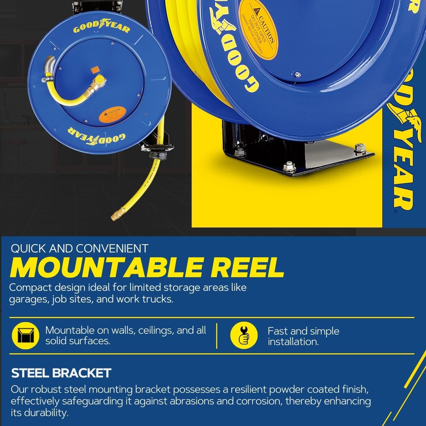 Goodyear Air Hose Reel Retractable 1/2" Inch x 65' Foot SBR Rubber Hose Max 300PSI Heavy Duty Industrial Steel Single Arm Construction