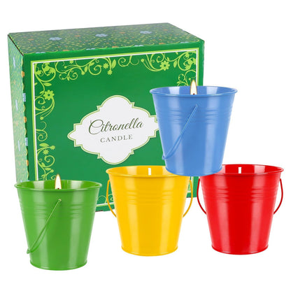 4 Pack 12oz Citronella Scented Candles, Colorful Metal Bucket Candles with Handle, Smokeless Clean Burning Candles for Home, Patio, Camping & Outdoor Gatherings