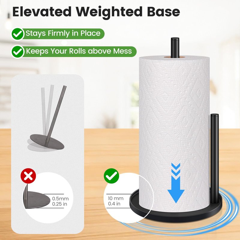 Black Paper Towel Holder Countertop, Paper Roll Holder Stand with Anti-Slip Weighted Base, Easy-Tear Papers Towel Rack Free Standing Tissue Dispenser for Bathroom Kitchen Organization RV Essentials