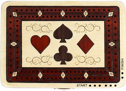 House of Cribbage - 2 Track - Wooden Cribbage Board / Box - Inlaid in Maple Wood / Bloodwood - Storage for Pegs &amp One Deck of Cards - 60 Points - Non Continuous (Maple Wood / Bloodwood)