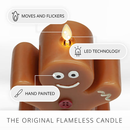 Luminara Flameless Festive Decor - Gingerbread Man Figural LED Candle Natural Color, Brown, 5.3" x 7.5" Real Wax Moving Flame Battery Operated Timer