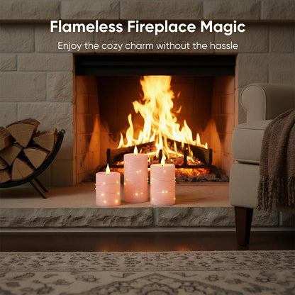 Amagic Flameless Candles with Embedded String Lights, 11-Key Remote & Timer, 3D Wick Real Wax Battery Operated Flickering Led Pillar Candles for Home, Lantern Decor, Set of 3, Pink