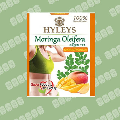 HYLEYS Moringa and Mango Green Tea, 50 Individually Wrapped Tea Bags - Dried Moringa Oleifera Leaves - No Artificial Flavors or Preservatives, Natural - Kosher & Vegan