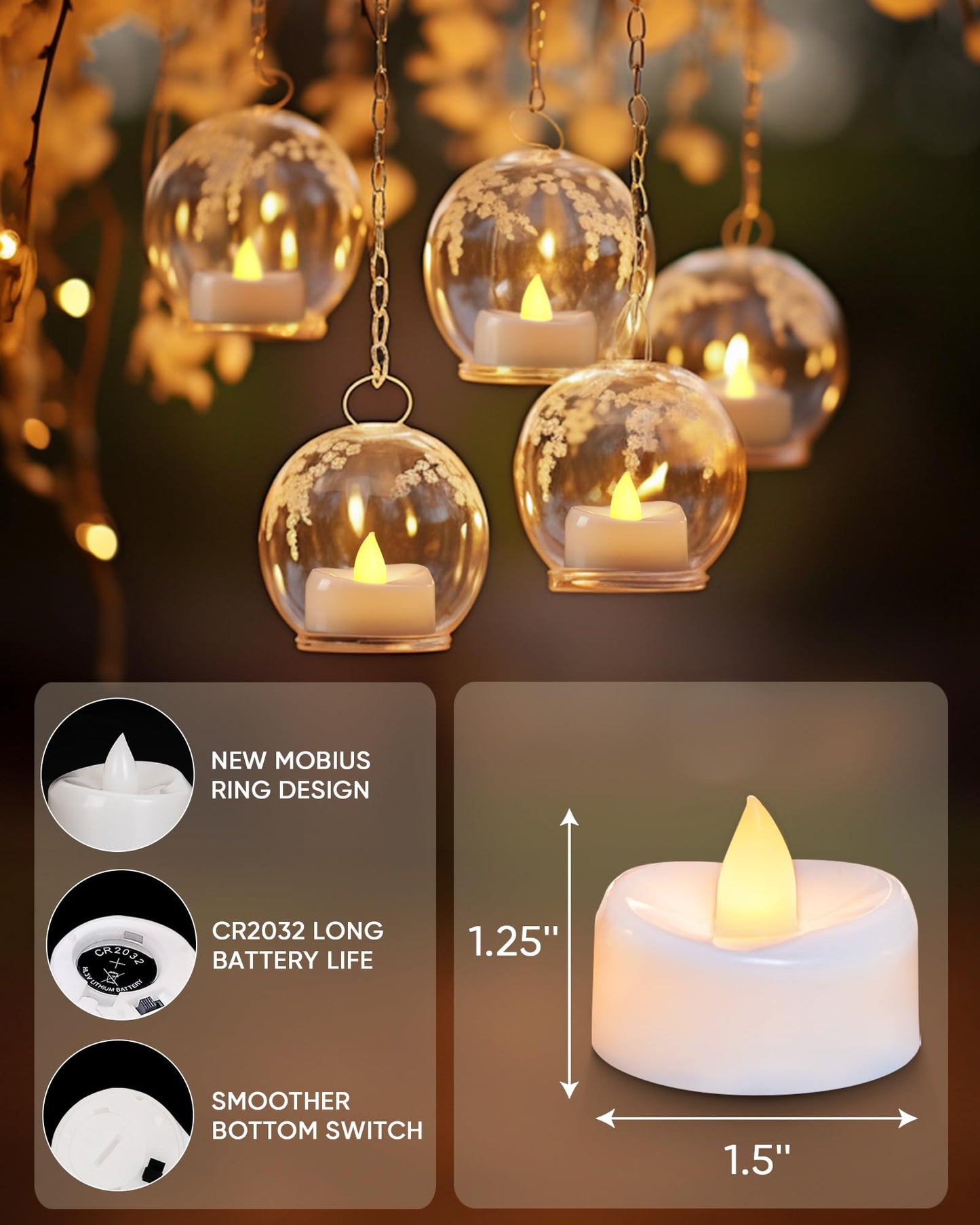 Merrynights LED Tea Lights, 24-Pack Battery Operated, Long-Lasting 200 Hour Flameless Candles, Flickering for Halloween & Fall, Warm Yellow, 1.5'' D x 1.25'' H