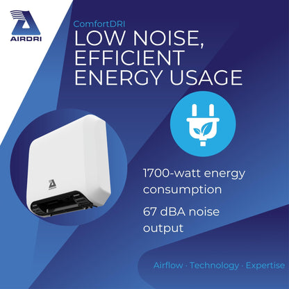 Airdri ComfortDRI Automatic Warm Air Hand Dryer - 1.7kW Low Noise Motor - 15-Second Dry Time - 67dBA Noise Output - ADA Compliant - Ideal for Small Workplaces - White