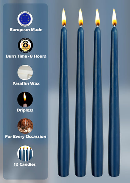 Hyoola 12 Pack Tall Taper Candles - 10 Inch Midnight Blue Dripless, Unscented Dinner Candle - Paraffin Wax with Cotton Wicks - 8 Hour Burn Time