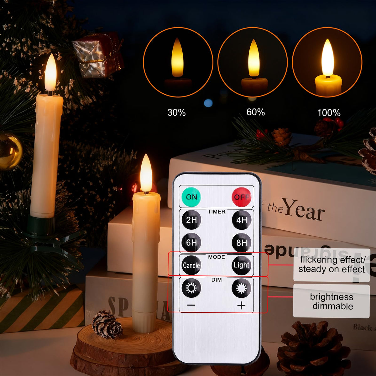 IMAGE 12Pcs LED Taper Candles Light Set 5.3 inches Dripping Flameless 3D Wick Ivory Candles with Clip-on Christmas Tree Design, 10-Key Remote with Timer, Warm White Light Battery Operated for Decor