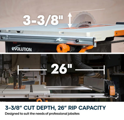 Evolution R10TS 10" Jobsite Table Saw | Zero-Clearance Throat Plate | Dado Plate Included | 15A Motor | 26” Rip | 3-3/8” Cut | 0-45° Bevel | Precision Fence | Heavy Duty Portable Woodworking Saw