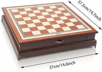 14.6-Inch Wooden Chess Set with Drawer Storage – Handmade Chess Board with 2 Extra Queens Elegant Home Decor and Strategy Game for Adults &amp Beginners