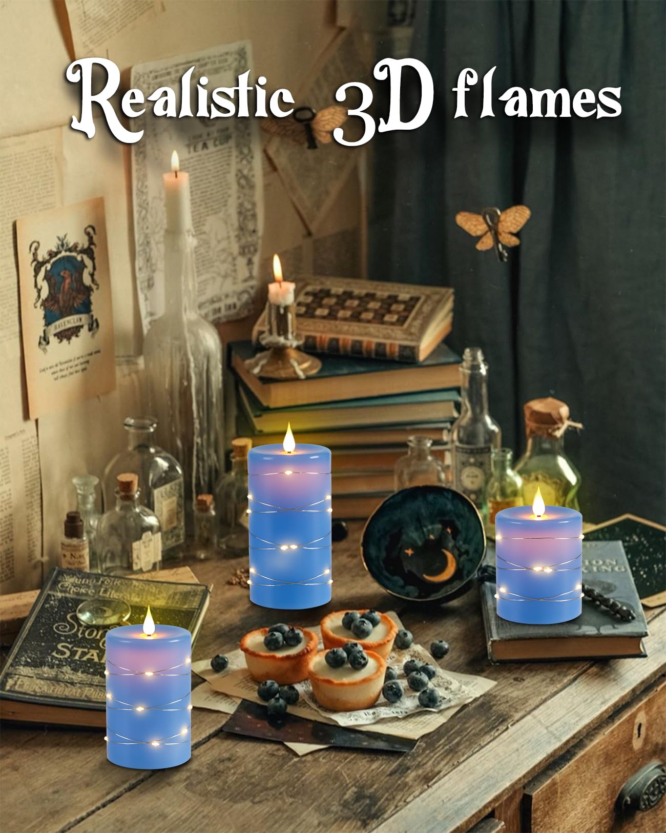 Upinmz Flickering Flameless Candles with Embedded String Lights, Battery Operated Candles with Remote Control and Timer,LED Candles for Home Decoration,Real Wax, 3 Pack Blue
