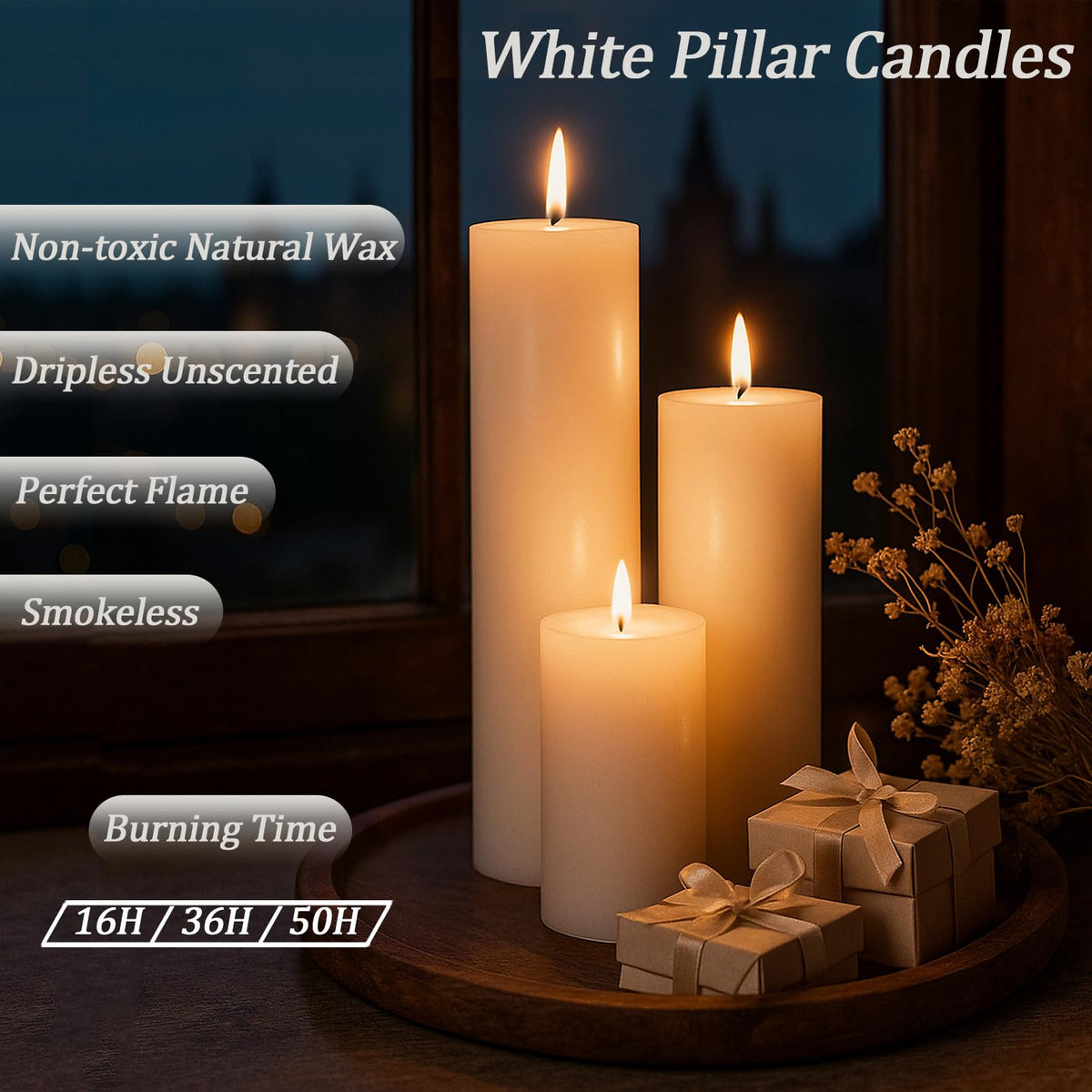 Trxvxo White Pillar Candles Bulk Set of 18，Hurricane Candles，3 Different Lengths 2 x 3/6/8 Inch (6 Each)，Dripless Unscented Smokeless，Gives You a Better Atmosphere When Organizing an Event Party.
