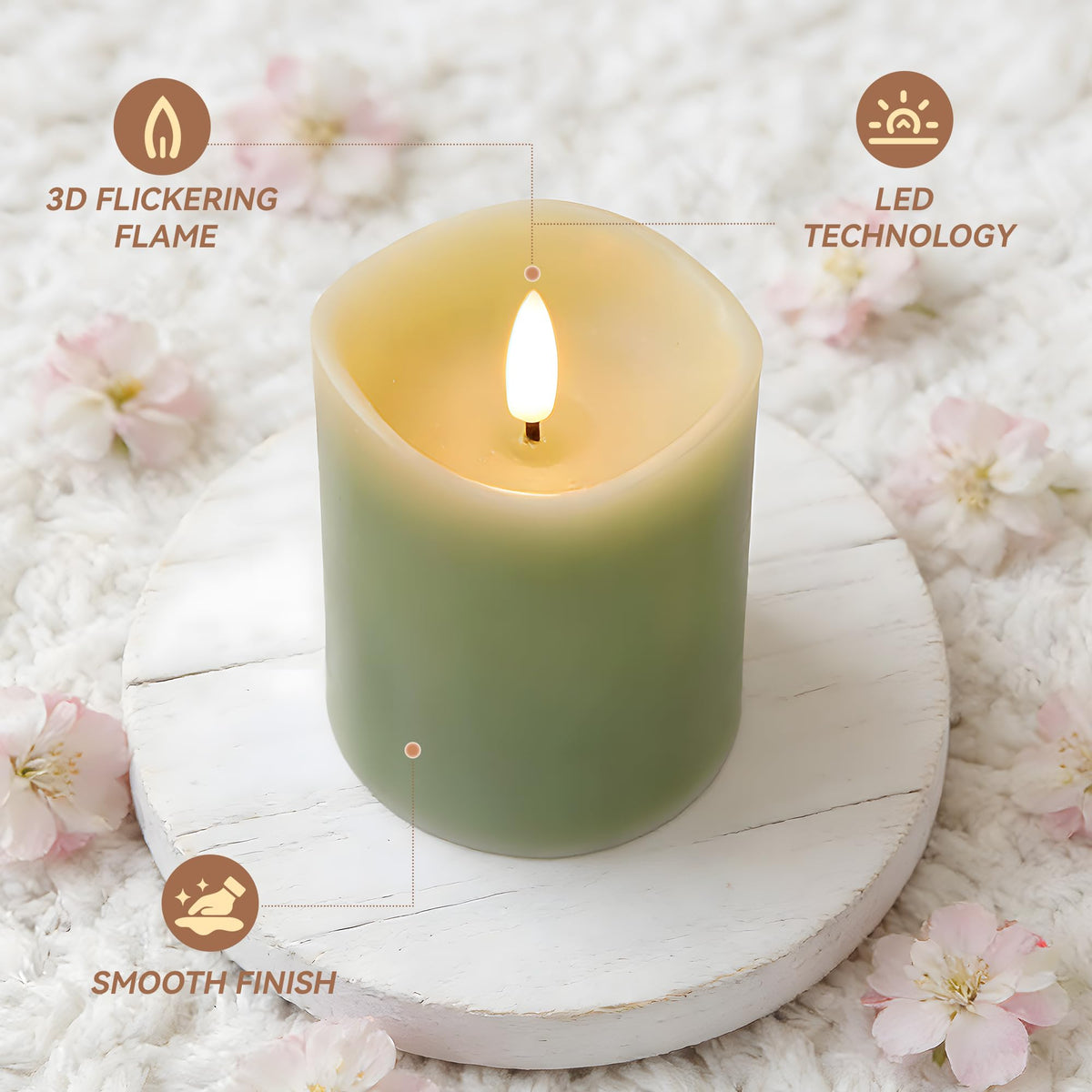 Velsyn Green Flameless Candles with Remote and Timer, Real Wax Made LED Pillar Candles Battery Operated with 3D Flickering Flame Melted Edge, 3" x 4",5",6", Set of 3 (Pastel Green)