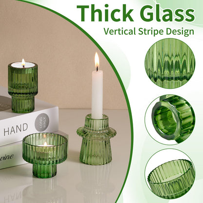Green Taper Glass Candlestick Holders Set of 6, Tea Lights Candle Holder, Votive Candle Stick Holder for Party Wedding Dining