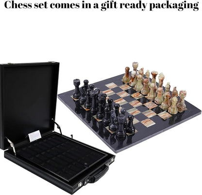 Marble Chess Set Handmade Onyx Full Chess Game Set.Comes in Rexine Box Packaging. Perfect for Gifting (Black Multigreen)