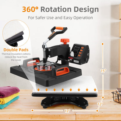 IDEALHOUSE 6-in-1 Heat Press Machine 12 x 15 Inch – 360° Swing-Away Digital Sublimation – T-Shirt, Mug, Hat & Plate Printing – Industrial-Quality Heat Transfer, 3 Preset Modes – USA