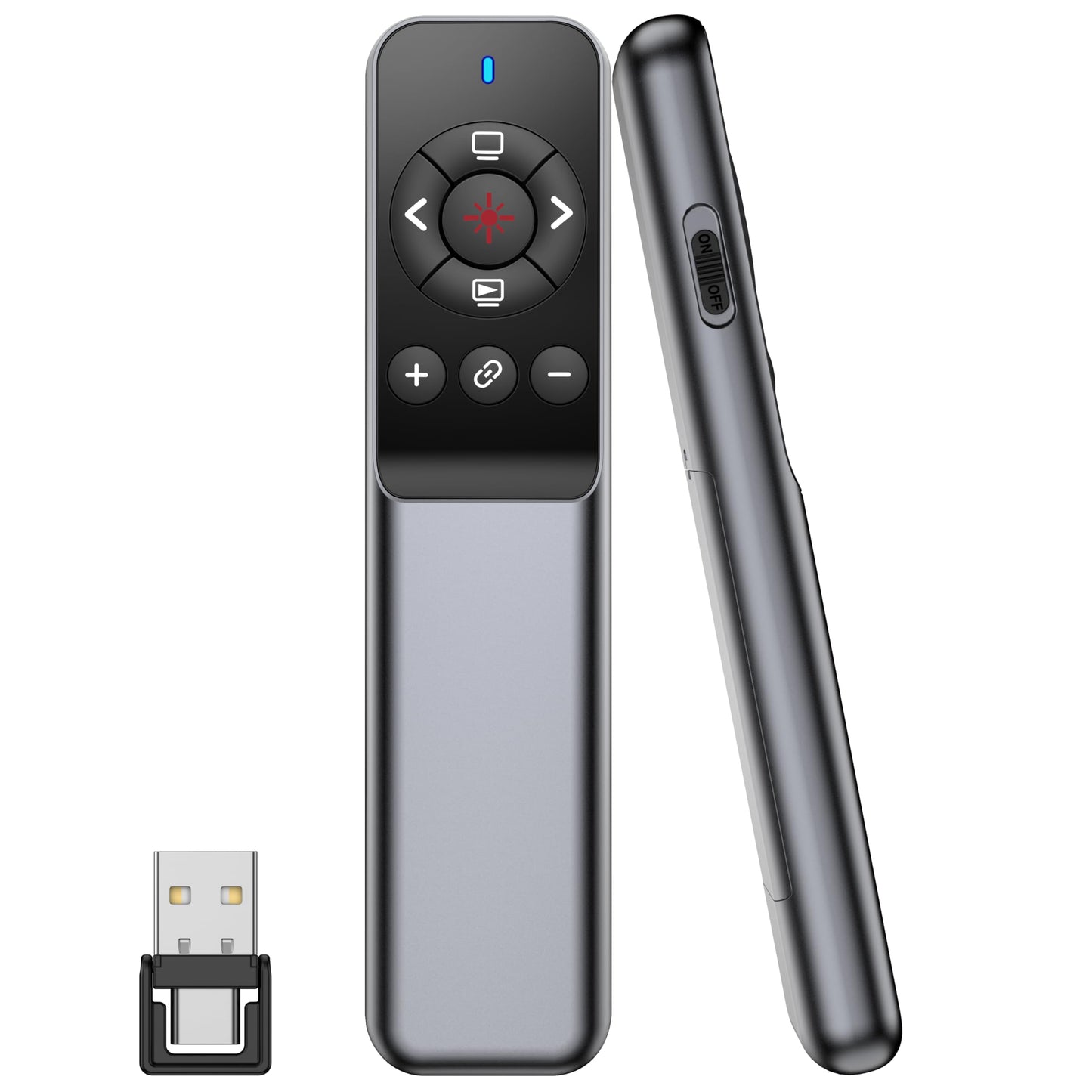 TITIANCOOL Wireless Presentation Clicker with Laser Pointer, USB-C & USB-A Dual Receiver, Hyperlink & Window Switch Support, 100M Red Light, Compatible with PowerPoint/Keynote/Google Slides
