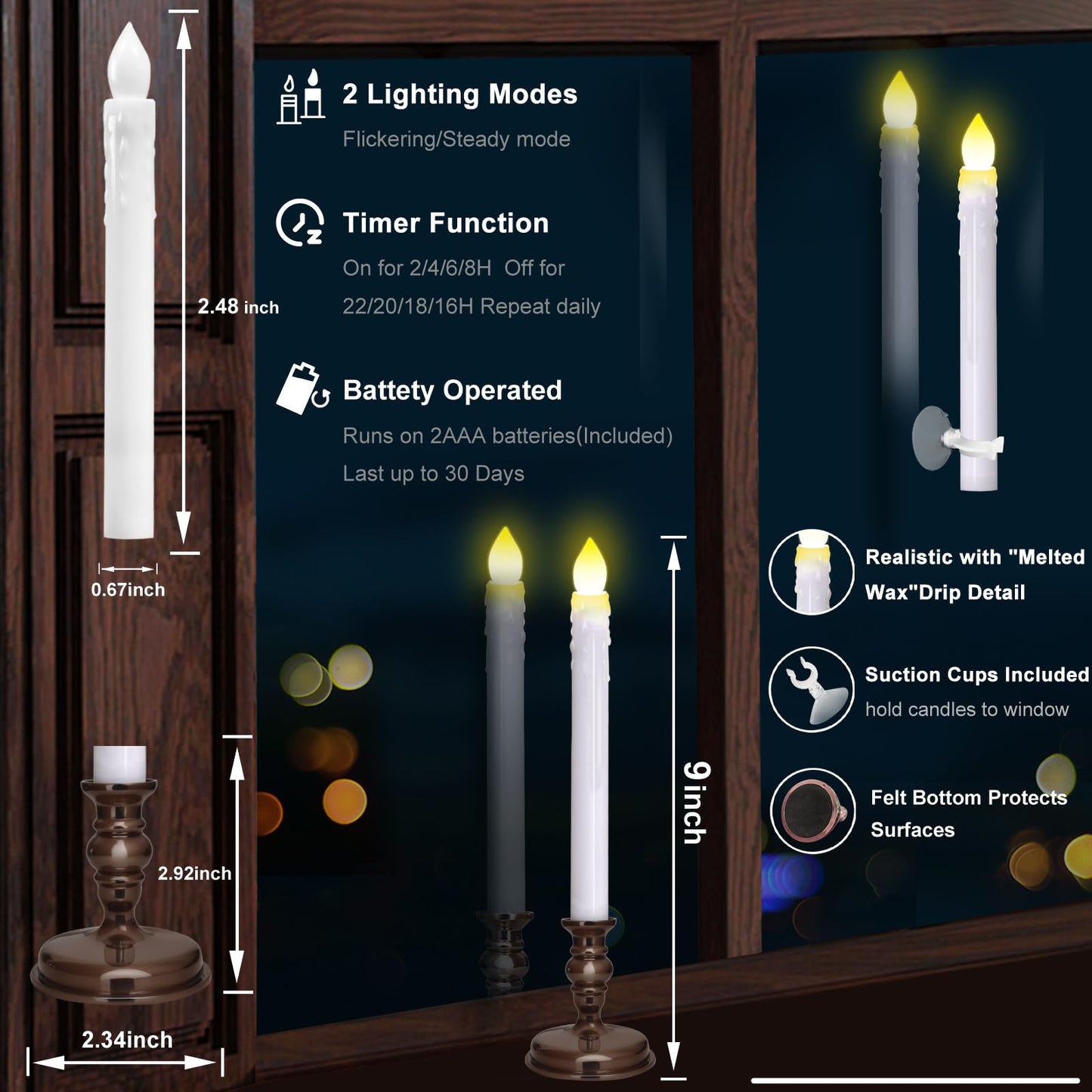 Kithouse Flameless Candles 10 Pack Battery Operated Window Candles with Drip Texture,Remote Timer,10 Removable Candle Holders,10 Suction Cups,20 AAA Batteries for Home Decor Christmas Wedding (Brown)