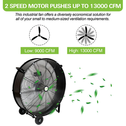 hykolity 30 inch High Velocity Drum Fan, 2-Speed Heavy Duty Industrial Shop Fan Up to 13000 CFM, Commercial Floor Fan for Warehouse, Workshop, Garage and Basement, Black