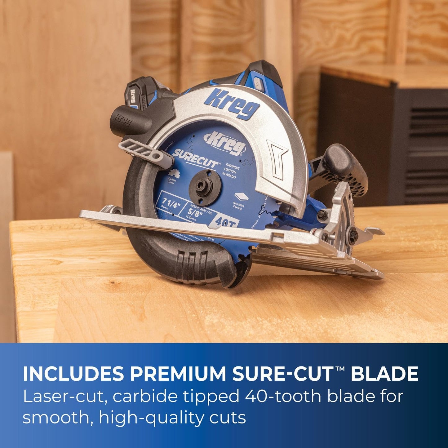 Kreg Accu-Cut + Ionic Drive 7-1/4" Circular Saw Project Kit - Cordless Guided Cutting System with Brushless Motor, Guide Track, 40-Tooth Blade, Battery & Charger - KPTCS7252700B