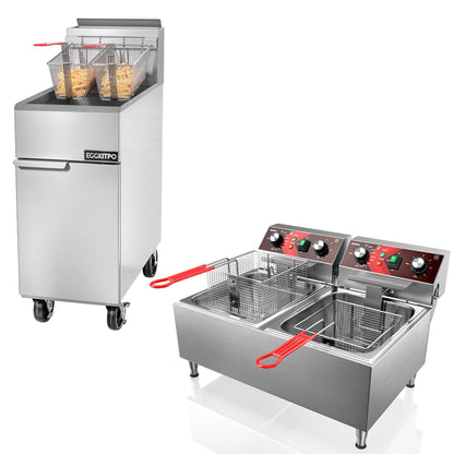 EGGKITPO (ECF3-NG) 40LB 90,000 BTU Natural Gas Fryer and 10L×2 Commercial Fryer with Timer and Basket Dual Tank Fryer(120v 3600w)