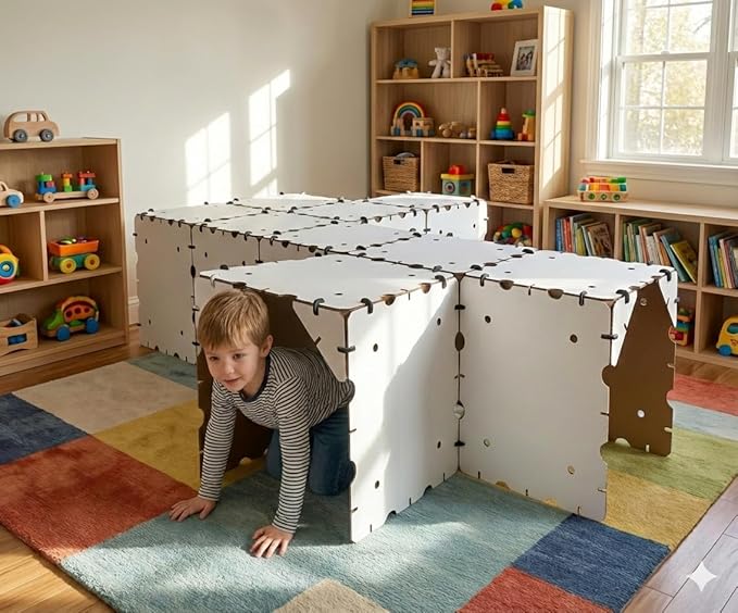 Cardboard Fort Building Kit – Giant Indoor Kids Fort Builder – Create Life Size Castles Tunnels &amp Mazes – Durable White Panels Reusable Connectors &amp Compact Storage Box – STEM Toy Ages 4+