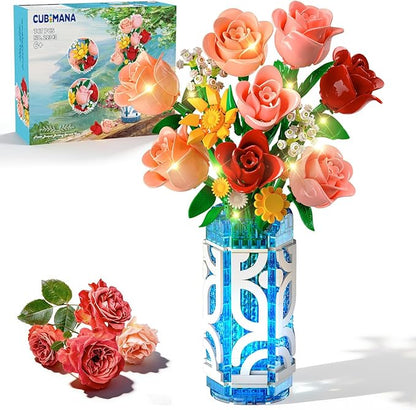 14 Flowers Bouquet Building Set with Vase and LED Light Easter Gifts for Family Friends 747 PCS Mini Roses Flower Building Blocks Toy Artificial Roses Flowers Home Decor &amp Display