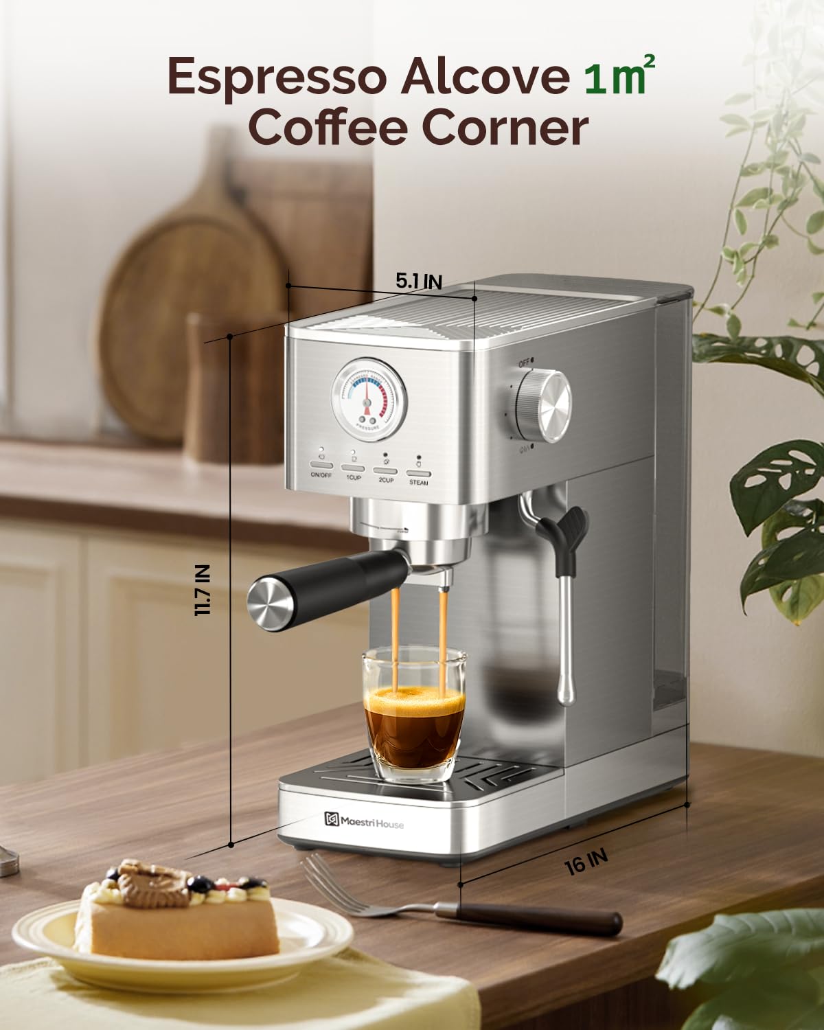 Maestri House Espresso Machine, 20 Bar ULKA Pump, Compact Espresso Maker Built-in Flow Meter Steam Milk Frother, Stainless Steel Coffee Machine for Cappuccino, Latte (Silver)
