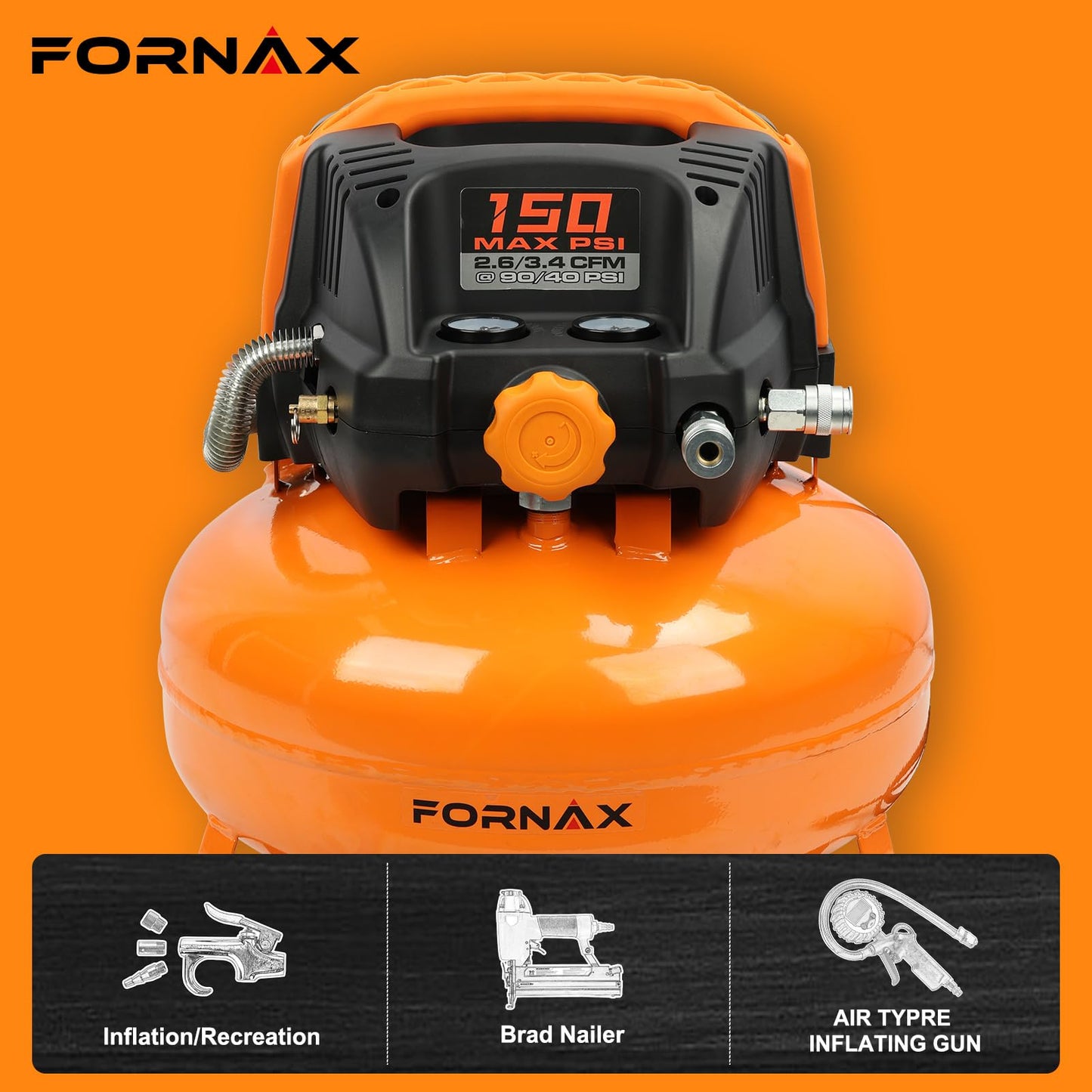 FORNAX Pancake Air Compressor with two couplers, 6 Gallon Portable Electric air compressor, 150 PSI, Oil -Free Air Compressor