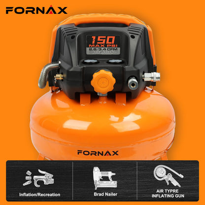 FORNAX Pancake Air Compressor with two couplers, 6 Gallon Portable Electric air compressor, 150 PSI, Oil -Free Air Compressor