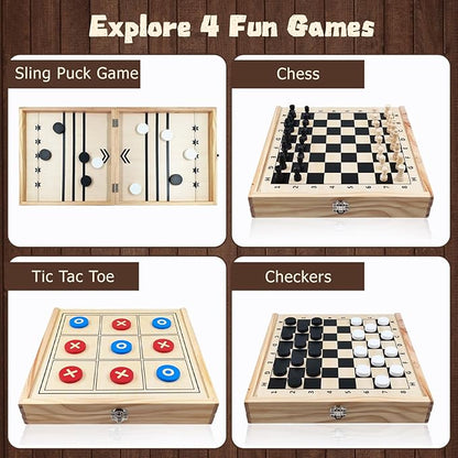 4 in 1 Wooden Fodable Fast Sling Puck Game Set – Chess Tic Tac Toe Checkers Board Game for Kids &amp Adults Portable Tabletop Family Toy for Travel &amp Game Night