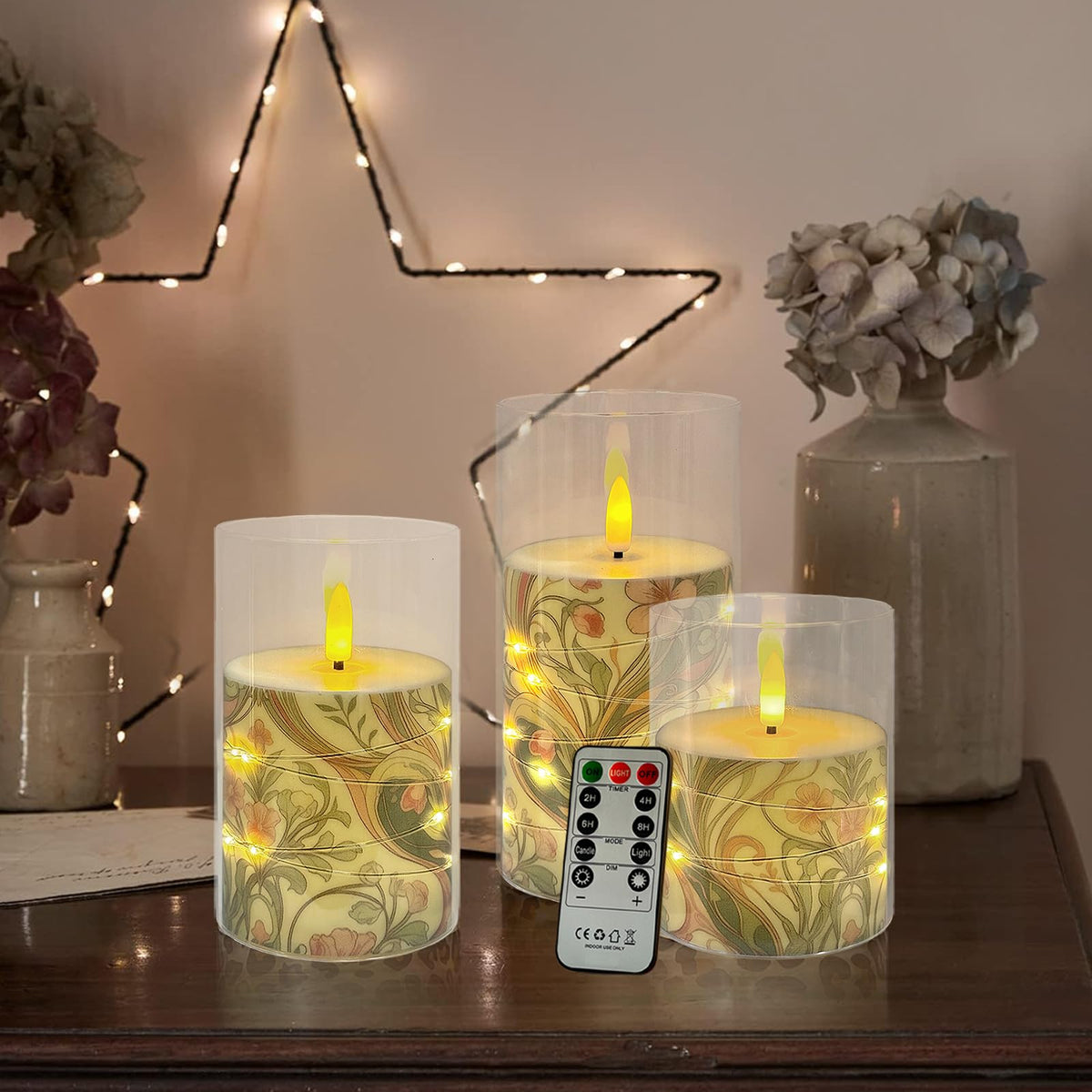 Flickering Flameless Candles Pink Floral, Embedded Star String Lights, Battery Operated Acrylic LED Pillar Candles with 11-Key Remote and Timer for Home Decoration, 3 Pack
