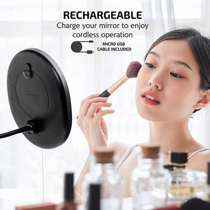 OVENTE 9'' Rechargeable Lighted Wall Mount Makeup Mirror for Bathroom with Mini Magnetic 10X Magnifying Mirror, Touch Screen Dimmable LED Lights, Flexible Gooseneck and Suction Mounting, Black MOW22B