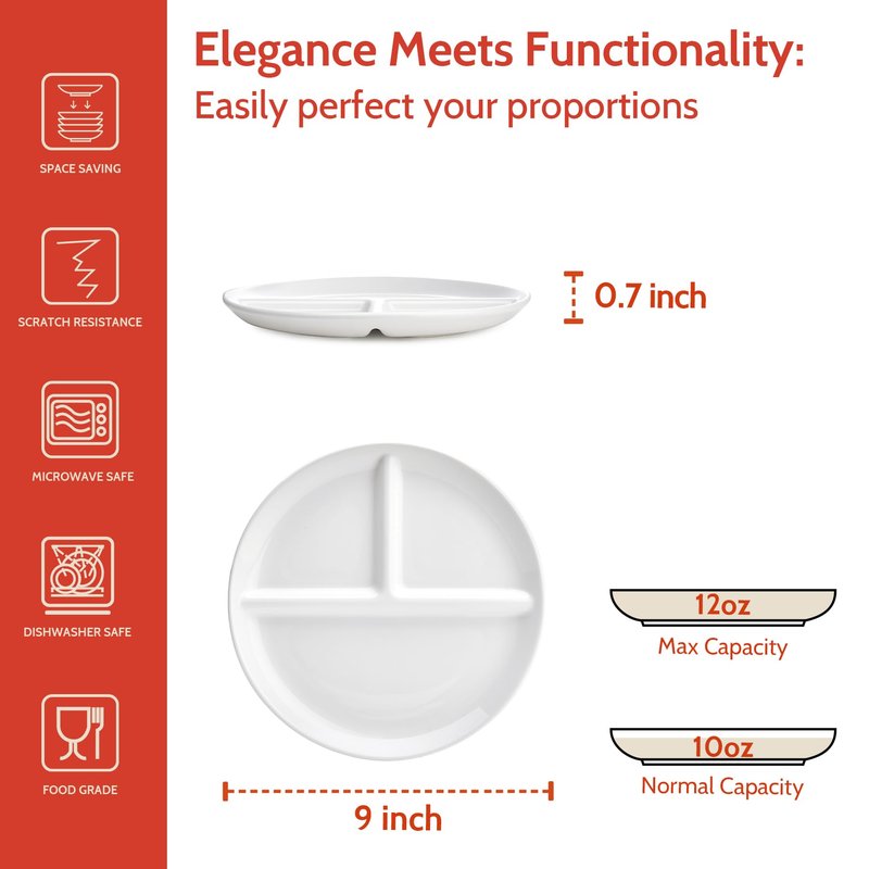 Sweese 9 Inch Porcelain Divided Dinner Plates Set of 2 – Encourage Healthy Eating with Portion Control Design, Durable, Microwave Dishwasher Safe, Ideal for