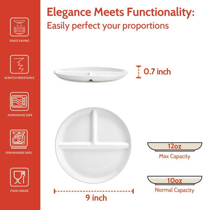 Sweese 9 Inch Porcelain Divided Dinner Plates Set of 2 – Encourage Healthy Eating with Portion Control Design, Durable, Microwave Dishwasher Safe, Ideal for
