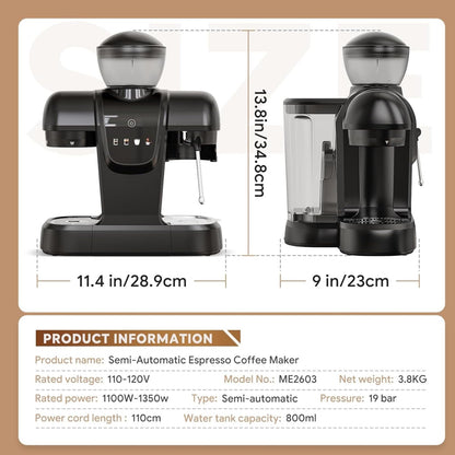 20 Bar Espresso Machine with Grinder & Steam Wand - Semi Automatic Coffee Maker, NTC Intelligent Temp Control, 58mm Stainless Steel Portafilter, One-Touch Panel for Home Barista (Removable Water Tank)