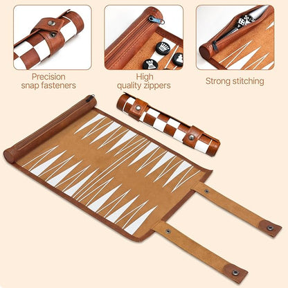 Chess Checkers and Backgammon Set 3 in 1 - Roll-up Leather Board Games Portable and Lightweight with Drawstring BagTravel-Size Board Game for Camping Backpacking Road Trips Adults