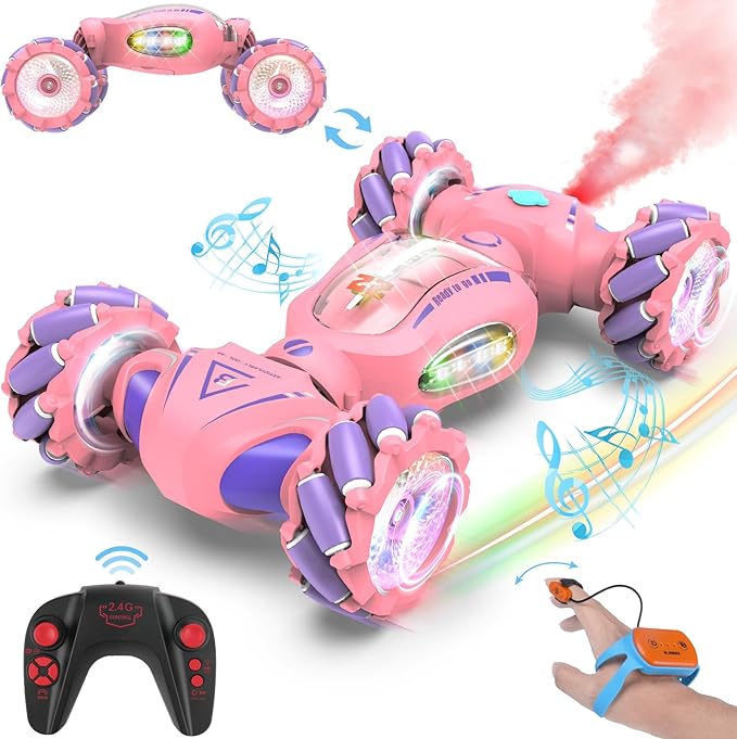 Pink Remote Control Car Toys Gifts for Girls 6-12 with Light &amp Music &amp Spray 2.4Ghz 4WD Double-Sided 360° Rotating Gesture Sensing RC Stunt Car Birthday for Girls Kids