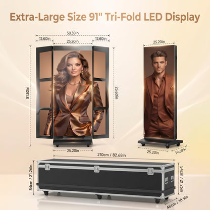 91" LED Digital Signage Display with Flight Case, Triple Foldable Spliceable LED Poster Screen,GOB Commercial Kiosk, Smartphone One-Cick Control, for Events, Rentals