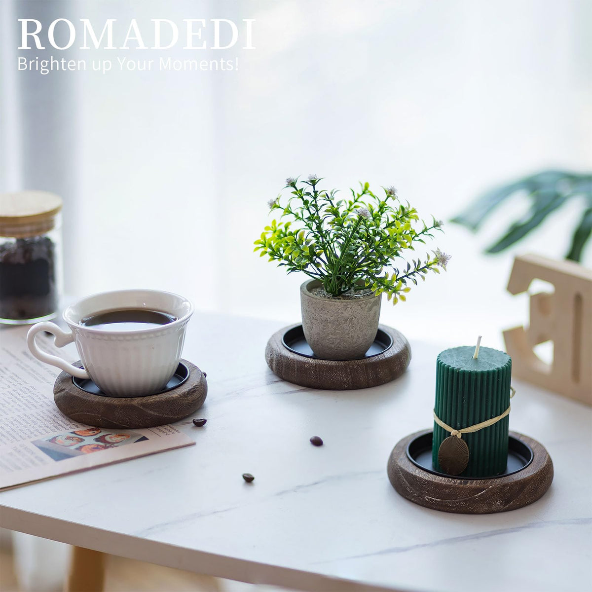 Romadedi Wood Candle Holder Farmhouse Decor - Pillar Candle Holders for Table Centerpiece Small Tray Riser Set of 4 Round Wooden Plate Pedestal Stand for Coffee Table Home Living Room, Brown
