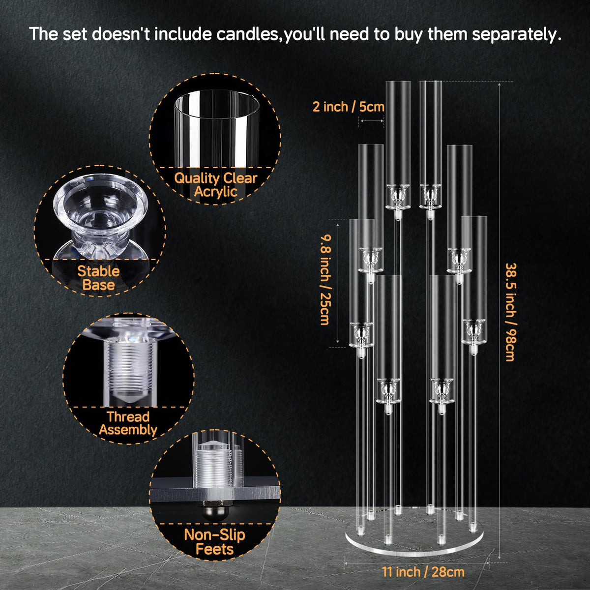 8 Arms Acrylic Candelabra Centerpieces for Wedding Table Decorations,38.5'' Tall Clear Candlesticks Holder with Acrylic Shade for Valentine's Day Dinner Party Fireplace Gift,Fits LED Candles