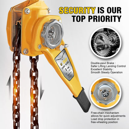 YELLOW JACKET 3 Ton Manual Lever Chain Hoist, 10 FT Come Along, G80 Galvanized Carbon Steel with Weston Double-Pawl Brake, Chain Come Along and Safety Measures for Chain Fall