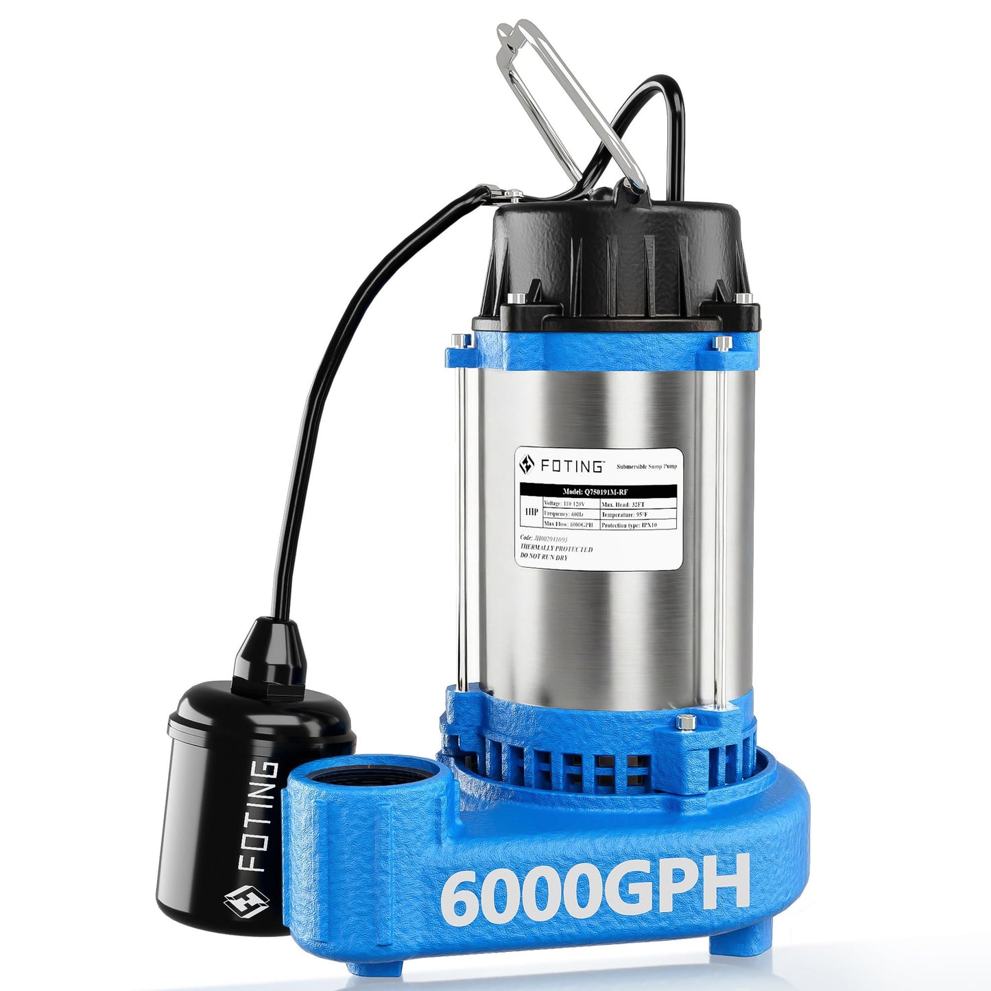 FOTING 1HP 6000 GPH Sump Pump Submersible Sewage/Effluent Pump - Heavy Duty Cast Iron - 115V Septic Pump for Sump Basin/Residential/Sewage/Basement, Sewage Pumps 1-1/2'' NPT