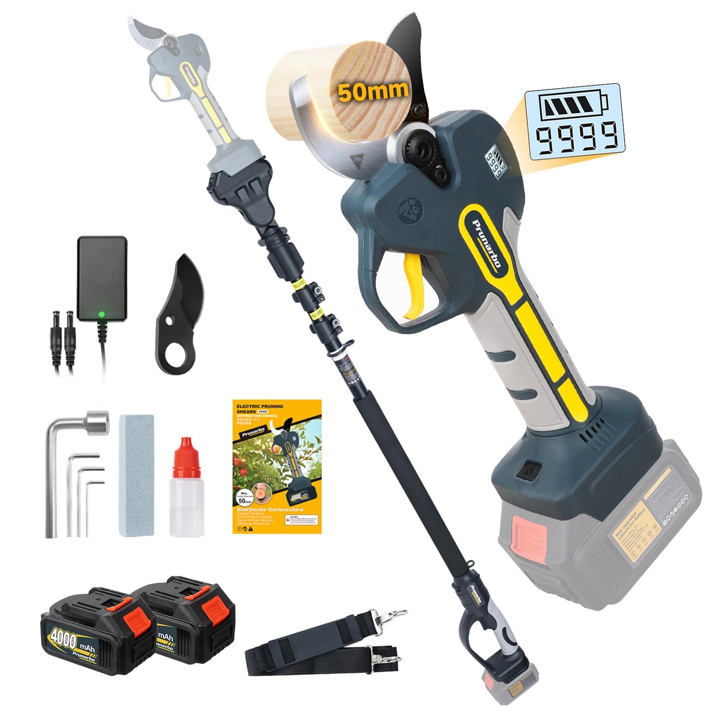 Prunarbo 2-in-1 Pole Pruning Shears Cordless, 50mm 2" Cutting Diameter Electric Secateurs & 9.2ft Reach Telescopic Rod Compatible with Makita 18V Battery Powered Pruner Professional for Tree Trimming
