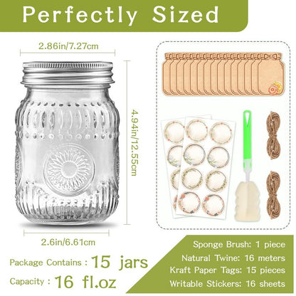 16oz Glass Mason Jars with Embossed Pattern, 15-Pack Pint Canning Jars with Airtight Lids for Fermenting,Overnight Oats,Pickling,Preserving,Ideal for Centerpieces,DIY Crafts,or Wedding Favors