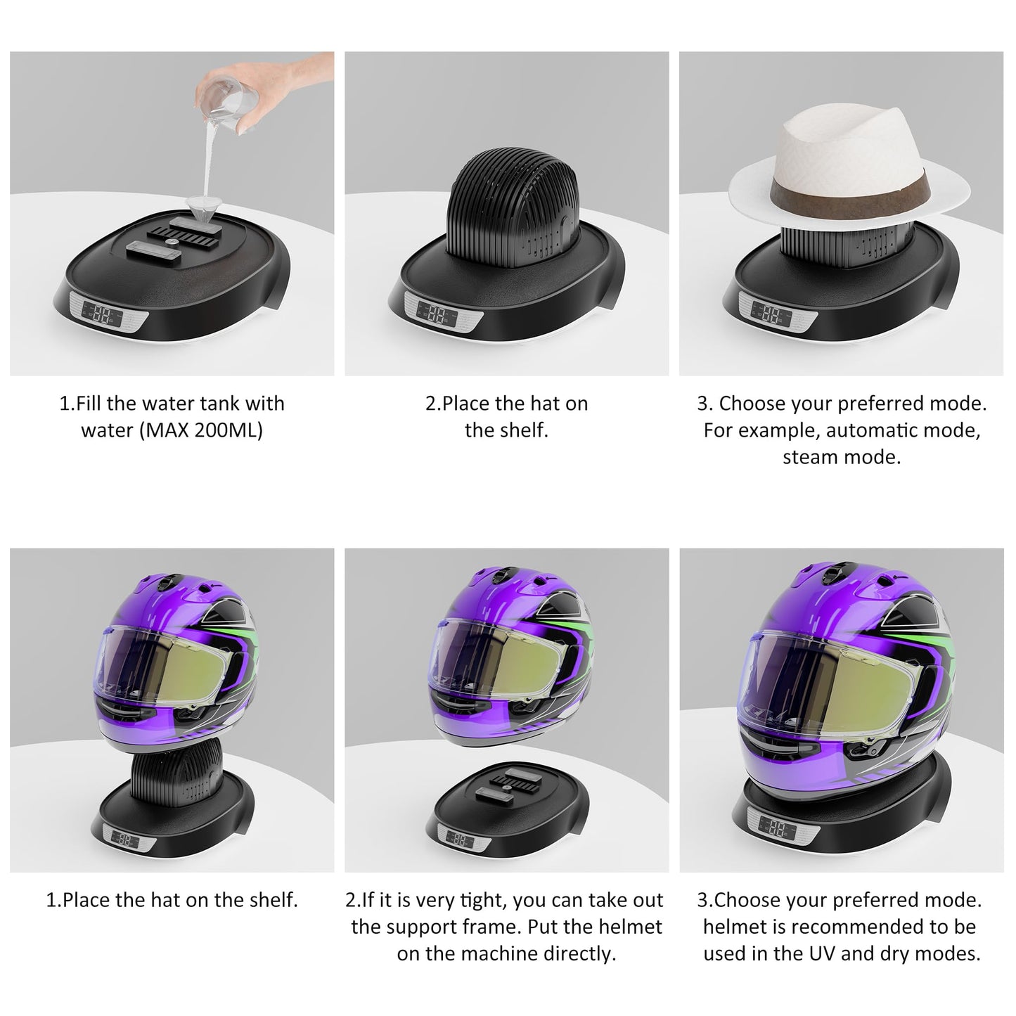 Hat Washer Cage, Hat Heat Press & Hat Shaper – All-in-1 Cap Care Machine with Steam Iron, Ozone, 3-Color Lighting – Hat Cleaner for Baseball Caps, Helmets – Keep Caps Clean & Dry