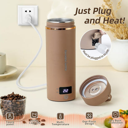 Travel Electric Kettle Portable Mini Kettle,Small Hot Water Boiler with 4 Temperature Settings,304 Stainless Steel, Fast Boiling Water with Auto Shut-Off and Boil Dry Protection,400 ml (Brown, 400ML)