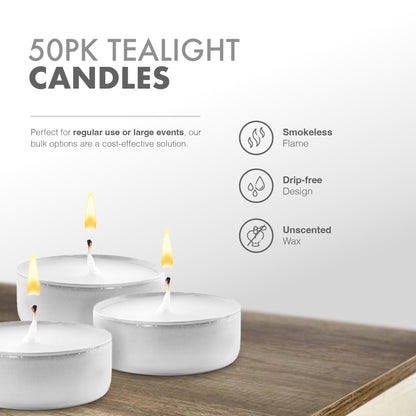 delka Unscented Tea Lights White- Long-Lasting 8 Hour Burn Time-Smoke-Free Bright Flame -Ideal for Weddings, Events, Aromatherapy, Home Décor, and Emergency Use-Premium Quality (White, Pack of 50)